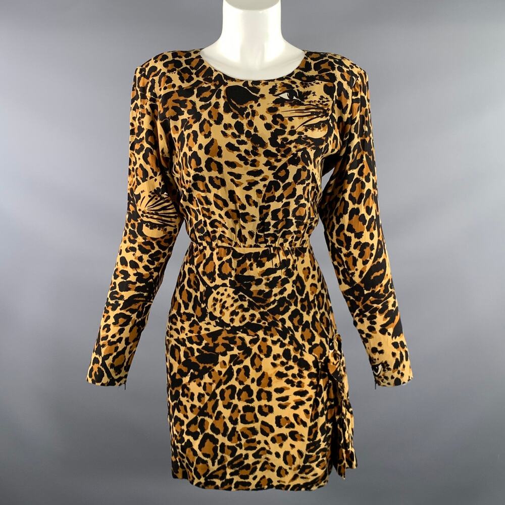 YVES SAINT LAURENT Size 4 Tan Black Silk Leopard Knee-Length Dress